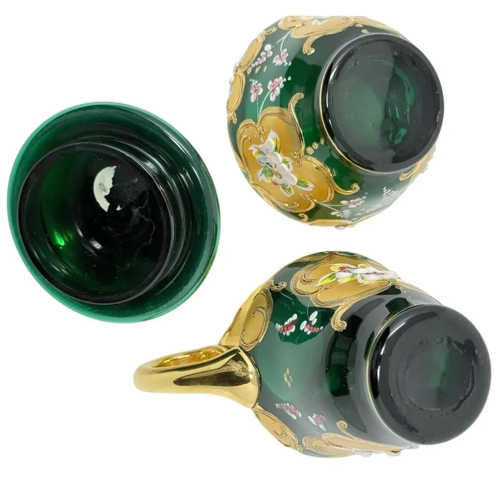 Vintage Emerald Green Gold Enamel Sugar Bowl & Creamer Set Floral